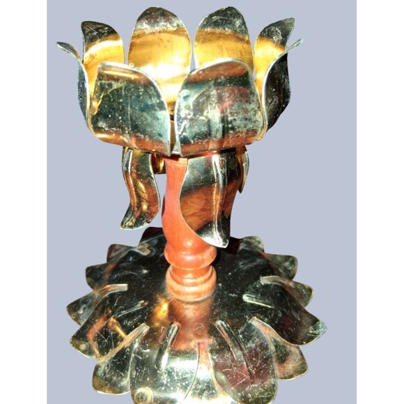Lotus Flower Brass Wood Flower Petal Candle Holders Set Of 2 - Picture 2 of 9
